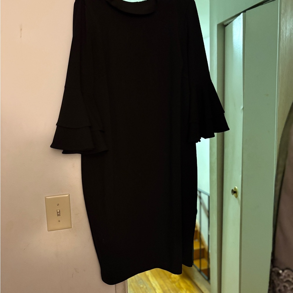 Calvin Klein Black Midi Shift Dress with Layered Ruffle Sleeves